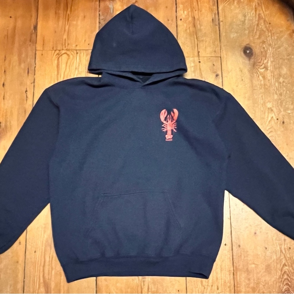 Maine Hoodie in Navy with front and back Lobster Design Graphic